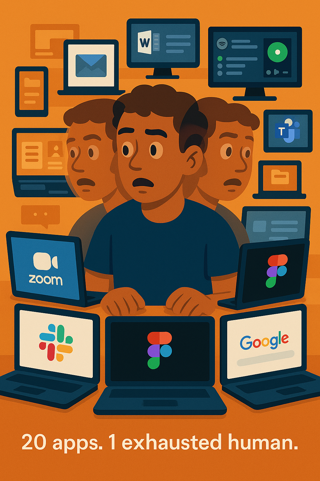 Overwhelmed user juggling multiple apps and devices, illustrating digital chaos.